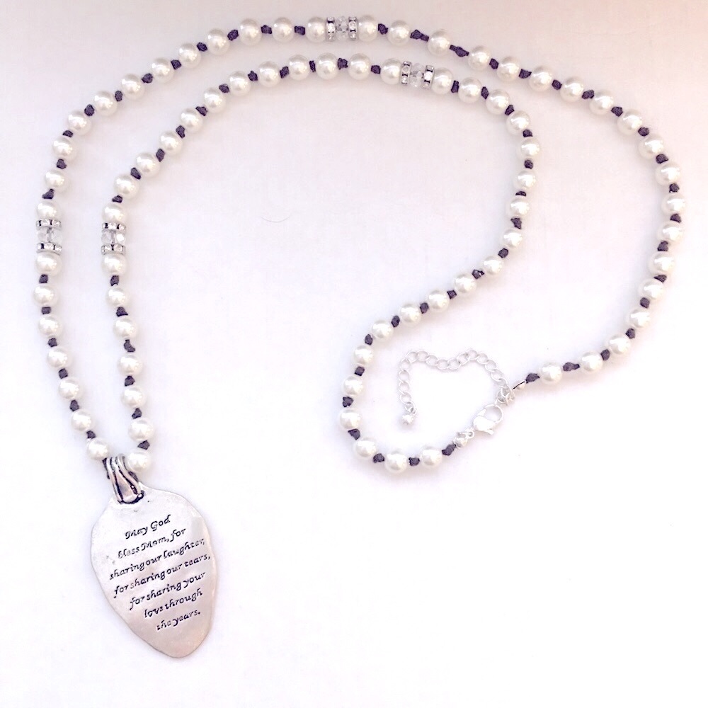 Mother’s Spoon Necklace Engraved Pearl and Crystal